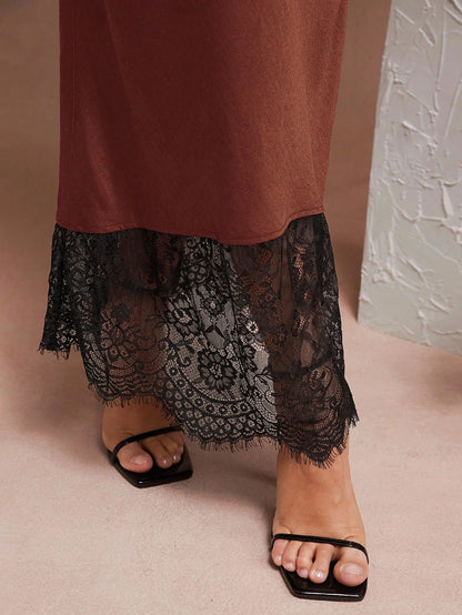 L'Amorae Solid Satin Luxury Lace Hem Black Detail Low Rise Elegant Midi Skirt
