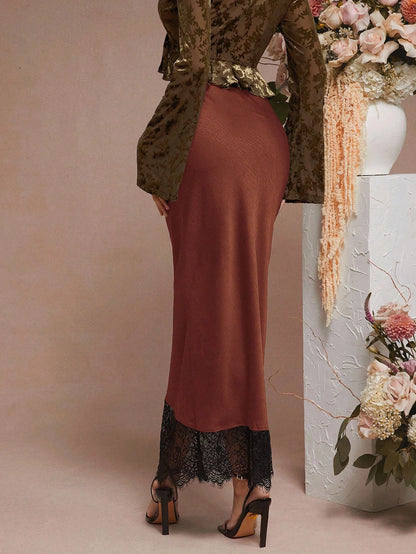 L'Amorae Solid Satin Luxury Lace Hem Black Detail Low Rise Elegant Midi Skirt