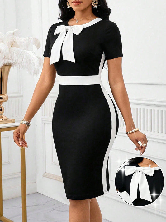 Lady Color Block Bow Decor Round Neck Fitted Elegant Short Sleeve Dress,Dresses For Women Summer Office Dinner Black And White