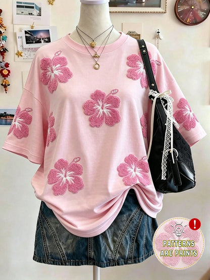 Lalippa Hawaiian Floral Print Fashion Minimalist Oversized Mid-Length Round Neck Drop Shoulder Women's T-Shirt, Gift For Friends