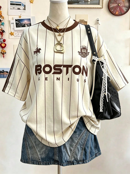 Lalippa Letter Pattern Vertical Stripe Print Fashion Minimalist Oversized Mid-Length Round Neck Drop Shoulder Women's T-Shirt, Gift For Friends