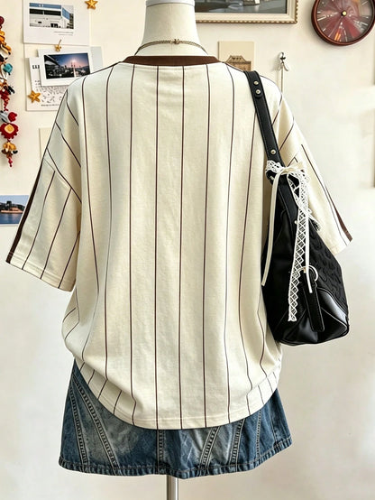 Lalippa Letter Pattern Vertical Stripe Print Fashion Minimalist Oversized Mid-Length Round Neck Drop Shoulder Women's T-Shirt, Gift For Friends
