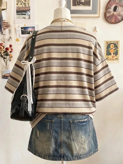 Lalippa Striped Digital Print Casual Oversized Mid-Length Round Neck Drop Shoulder Women T-Shirt, Gift For Friends