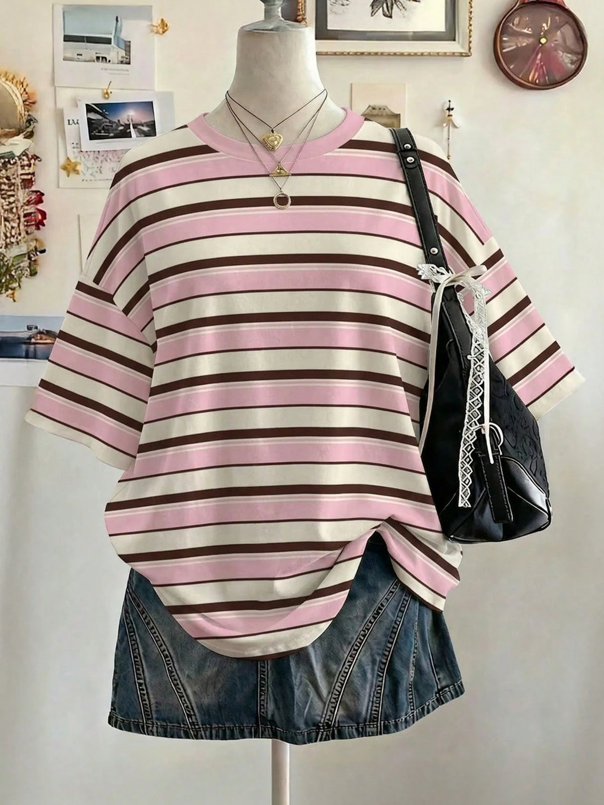 Lalippa Striped Digital Print Casual Oversized Mid-Length Round Neck Drop Shoulder Women T-Shirt, Gift For Friends