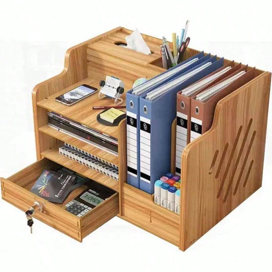 Large Bamboo Desktop Storage Box With Locked Drawer- Multi Layer Storage Bookshelf, Pen Holder, Tissue Box, Calculator Slot, Phone Holder, File Organizer, And Key Storage Area- Easy Assembly