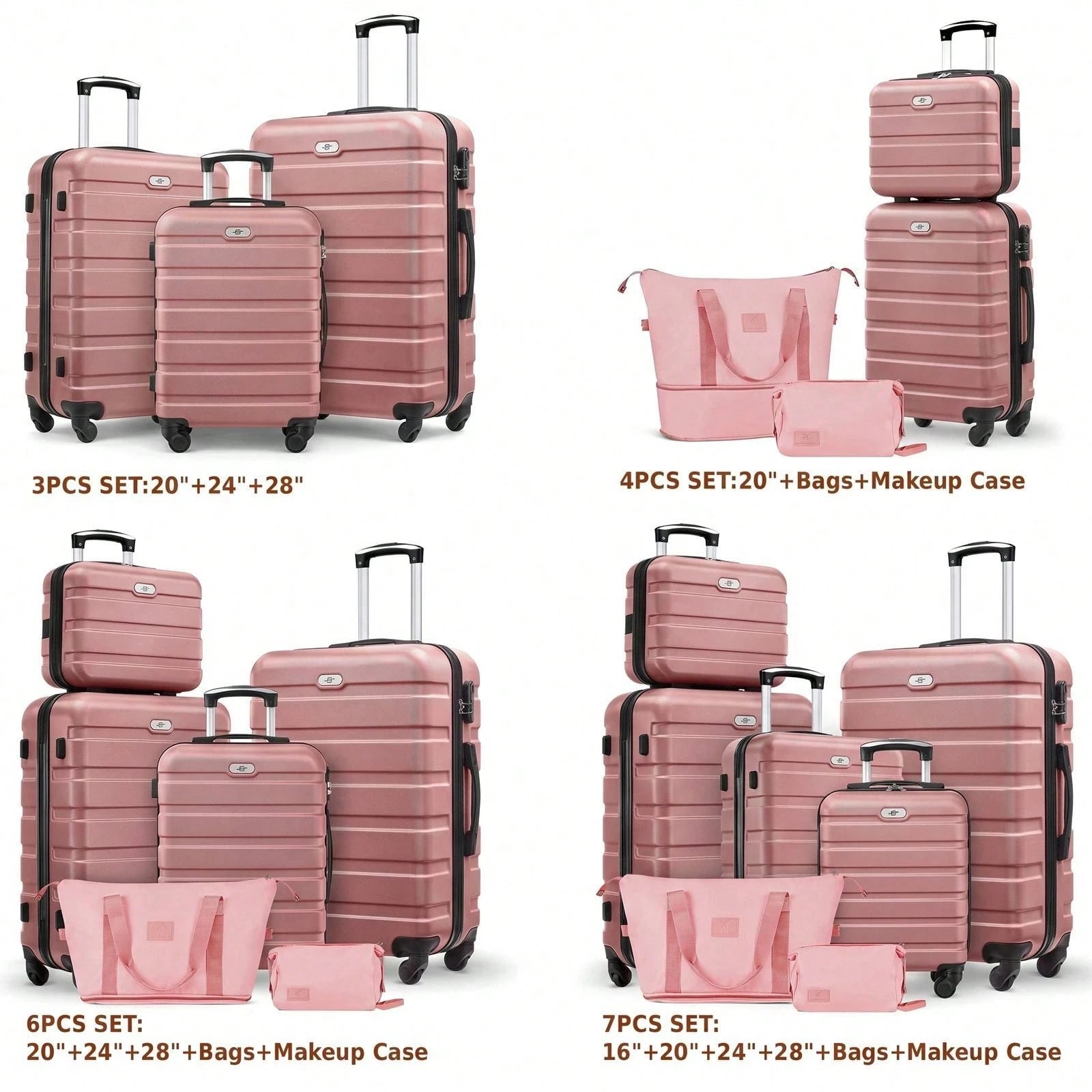 Large Capacity ABS Hardside Luggage Set, 16/20/24/28 Inch Spinner Suitcases + 2 Travel Bags + 1 Cosmetic Case, 7-Piece Set For Holiday Travel