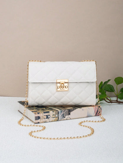 Large Capacity Quilted Chain Small Square Bag, Minimalist Quilted Lock Chain Bag, Elegant Mature Elegant Shoulder Small Square Bag, Metal Lock Design Shoulder Crossbody Women's Bag, Can Hold Phone And