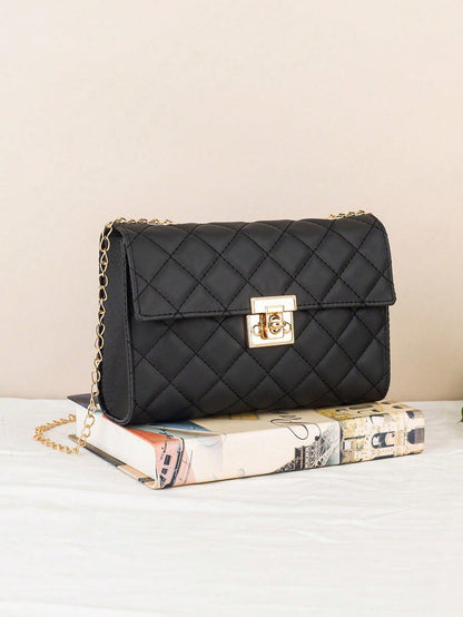 Large Capacity Quilted Chain Small Square Bag, Minimalist Quilted Lock Chain Bag, Elegant Mature Elegant Shoulder Small Square Bag, Metal Lock Design Shoulder Crossbody Women's Bag, Can Hold Phone And