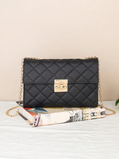 Large Capacity Quilted Chain Small Square Bag, Minimalist Quilted Lock Chain Bag, Elegant Mature Elegant Shoulder Small Square Bag, Metal Lock Design Shoulder Crossbody Women's Bag, Can Hold Phone And