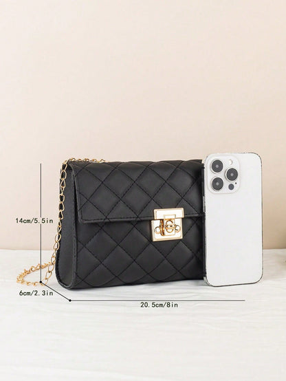 Large Capacity Quilted Chain Small Square Bag, Minimalist Quilted Lock Chain Bag, Elegant Mature Elegant Shoulder Small Square Bag, Metal Lock Design Shoulder Crossbody Women's Bag, Can Hold Phone And