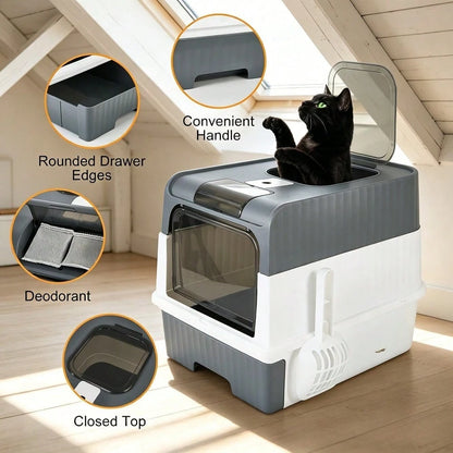 Large Enclosed PP Cat Litter Box Dual Entry Exit Detachable Drawer Type Anti Tracking Deodorant Odor Control Easy Clean Fits All Size Cats For Home Travel Free Cat Litter Scoop Included