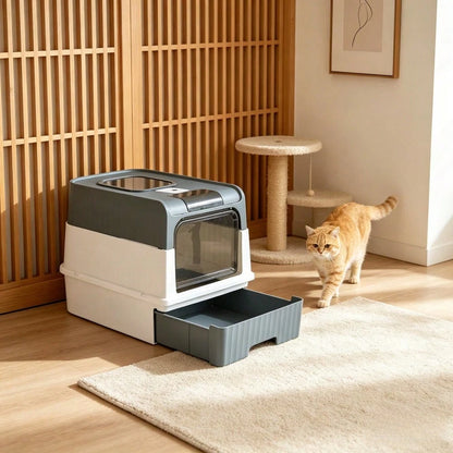 Large Enclosed PP Cat Litter Box Dual Entry Exit Detachable Drawer Type Anti Tracking Deodorant Odor Control Easy Clean Fits All Size Cats For Home Travel Free Cat Litter Scoop Included