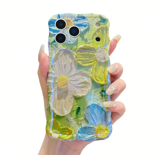 Laser Colorful Retro Oil Painting Flower Pattern For 17 Pro Max/17 Air 16 15 14 13 Pro Cute Curly Wave Frame Exquisite Phone Case For Girls Women, Shockproof TPU Protective Phone Cover # SummerVibesBe