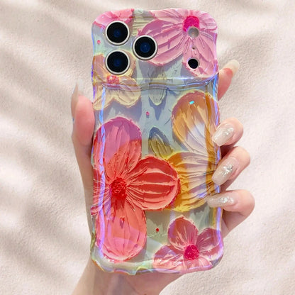 Laser Colorful Retro Oil Painting Flower Pattern For 17 Pro Max/17 Air 16 15 14 13 Pro Cute Curly Wave Frame Exquisite Phone Case For Girls Women, Shockproof TPU Protective Phone Cover # SummerVibesBe