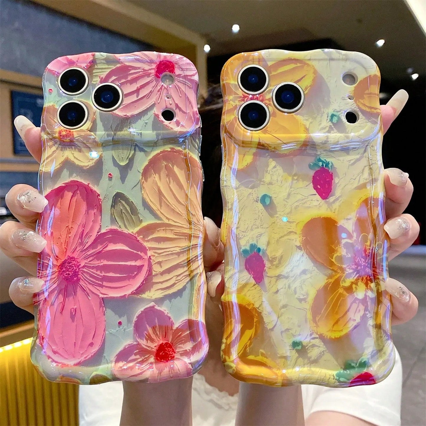 Laser Colorful Retro Oil Painting Flower Pattern For 17 Pro Max/17 Air 16 15 14 13 Pro Cute Curly Wave Frame Exquisite Phone Case For Girls Women, Shockproof TPU Protective Phone Cover # SummerVibesBe