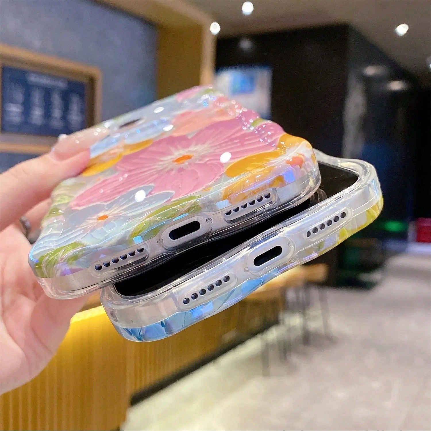 Laser Colorful Retro Oil Painting Flower Pattern For 17 Pro Max/17 Air 16 15 14 13 Pro Cute Curly Wave Frame Exquisite Phone Case For Girls Women, Shockproof TPU Protective Phone Cover # SummerVibesBe