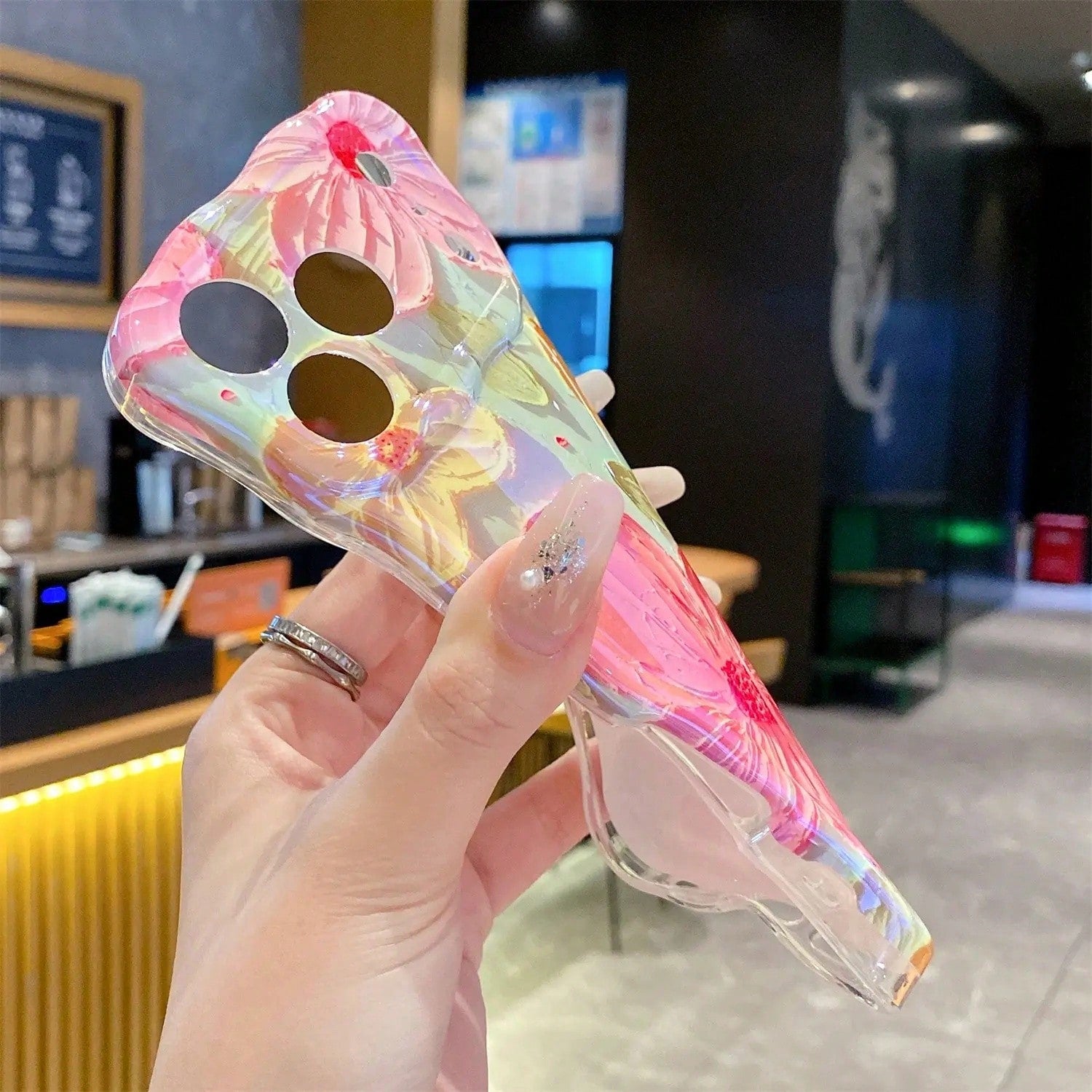 Laser Colorful Retro Oil Painting Flower Pattern For 17 Pro Max/17 Air 16 15 14 13 Pro Cute Curly Wave Frame Exquisite Phone Case For Girls Women, Shockproof TPU Protective Phone Cover # SummerVibesBe