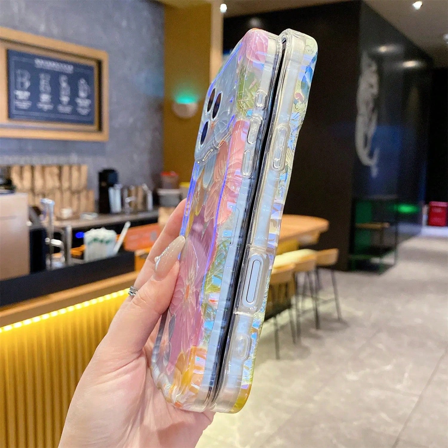 Laser Colorful Retro Oil Painting Flower Pattern For 17 Pro Max/17 Air 16 15 14 13 Pro Cute Curly Wave Frame Exquisite Phone Case For Girls Women, Shockproof TPU Protective Phone Cover # SummerVibesBe