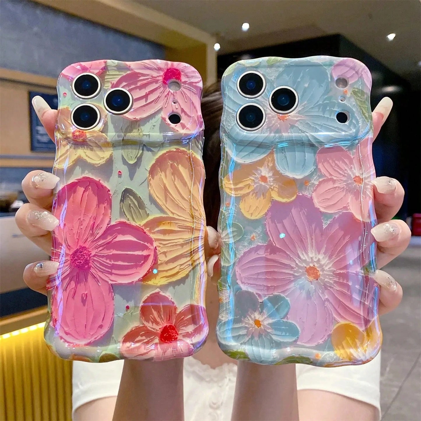 Laser Colorful Retro Oil Painting Flower Pattern For 17 Pro Max/17 Air 16 15 14 13 Pro Cute Curly Wave Frame Exquisite Phone Case For Girls Women, Shockproof TPU Protective Phone Cover # SummerVibesBe