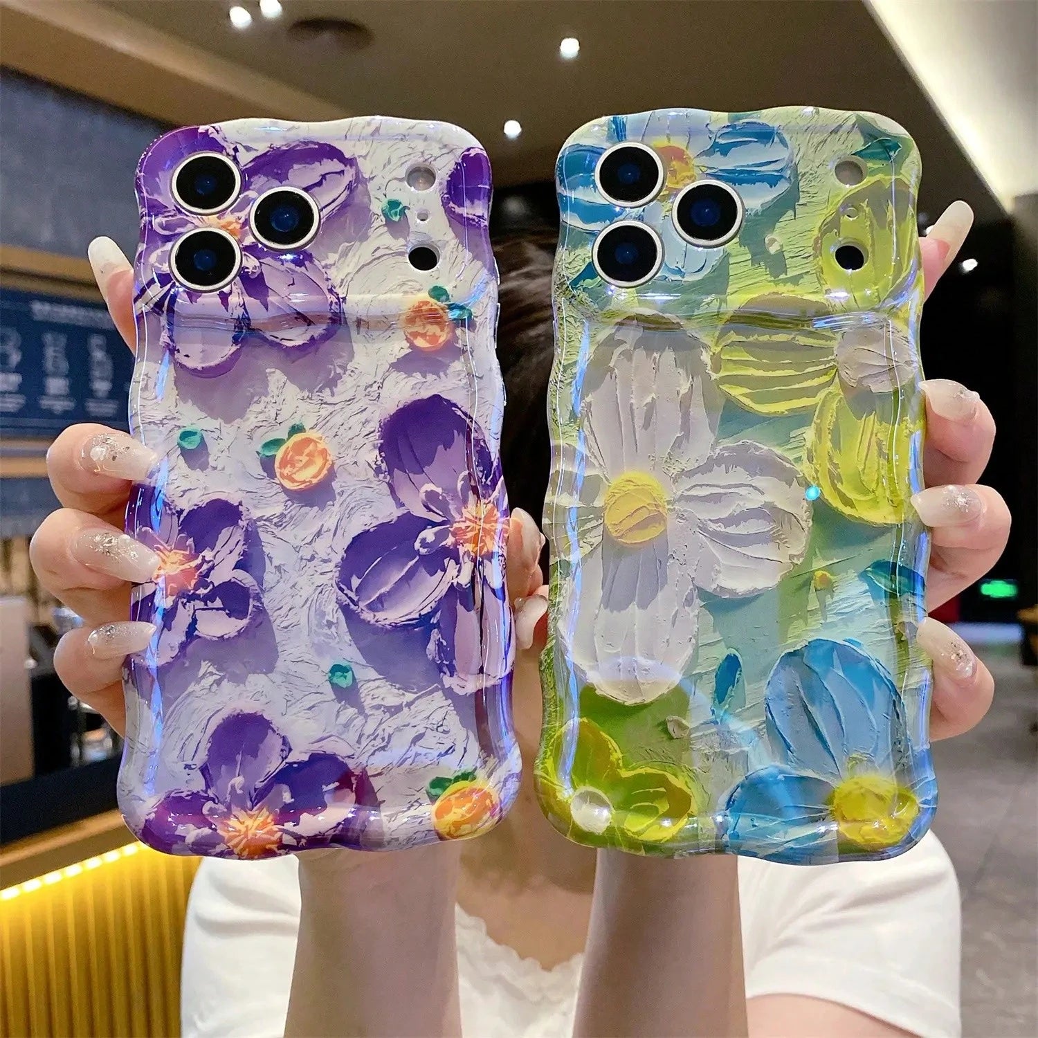 Laser Colorful Retro Oil Painting Flower Pattern For 17 Pro Max/17 Air 16 15 14 13 Pro Cute Curly Wave Frame Exquisite Phone Case For Girls Women, Shockproof TPU Protective Phone Cover # SummerVibesBe