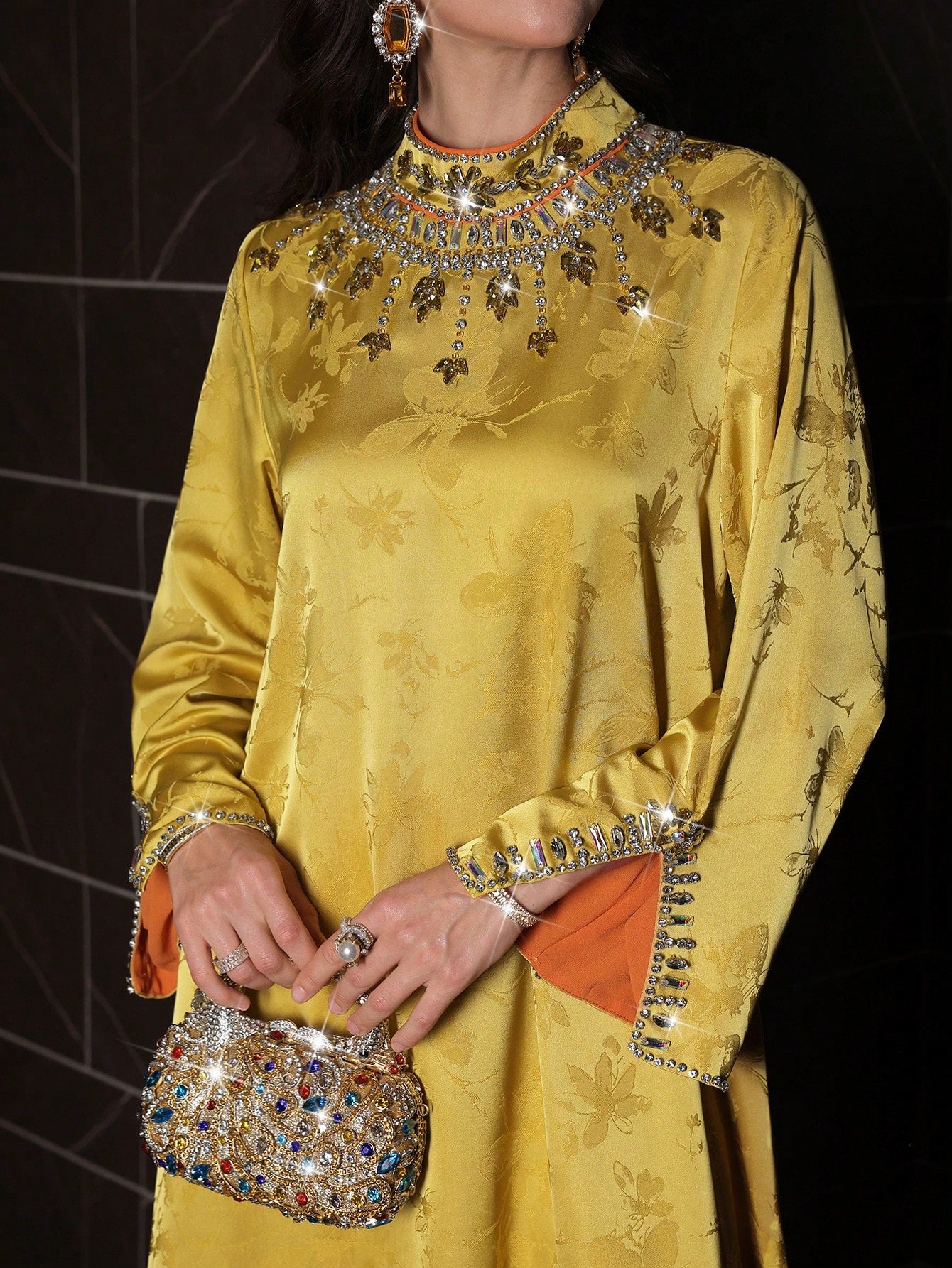 Layrah Women's Yellow Long Tunic Dress Flared Hem Stand Collar Long Sleeve Embroidered Details Formal Elegant Party Uxury Evening Dresses Wedding Party Dress