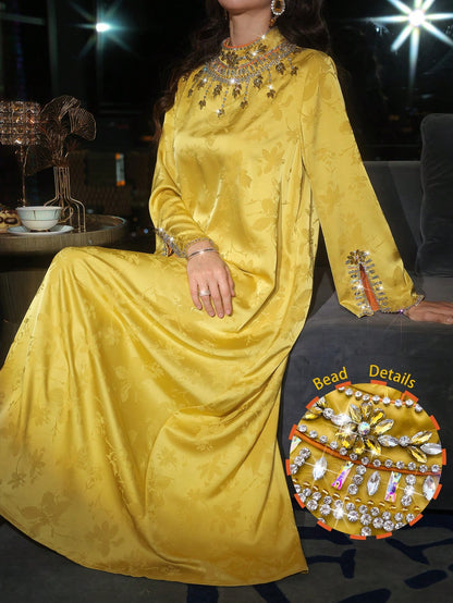 Layrah Women's Yellow Long Tunic Dress Flared Hem Stand Collar Long Sleeve Embroidered Details Formal Elegant Party Uxury Evening Dresses Wedding Party Dress