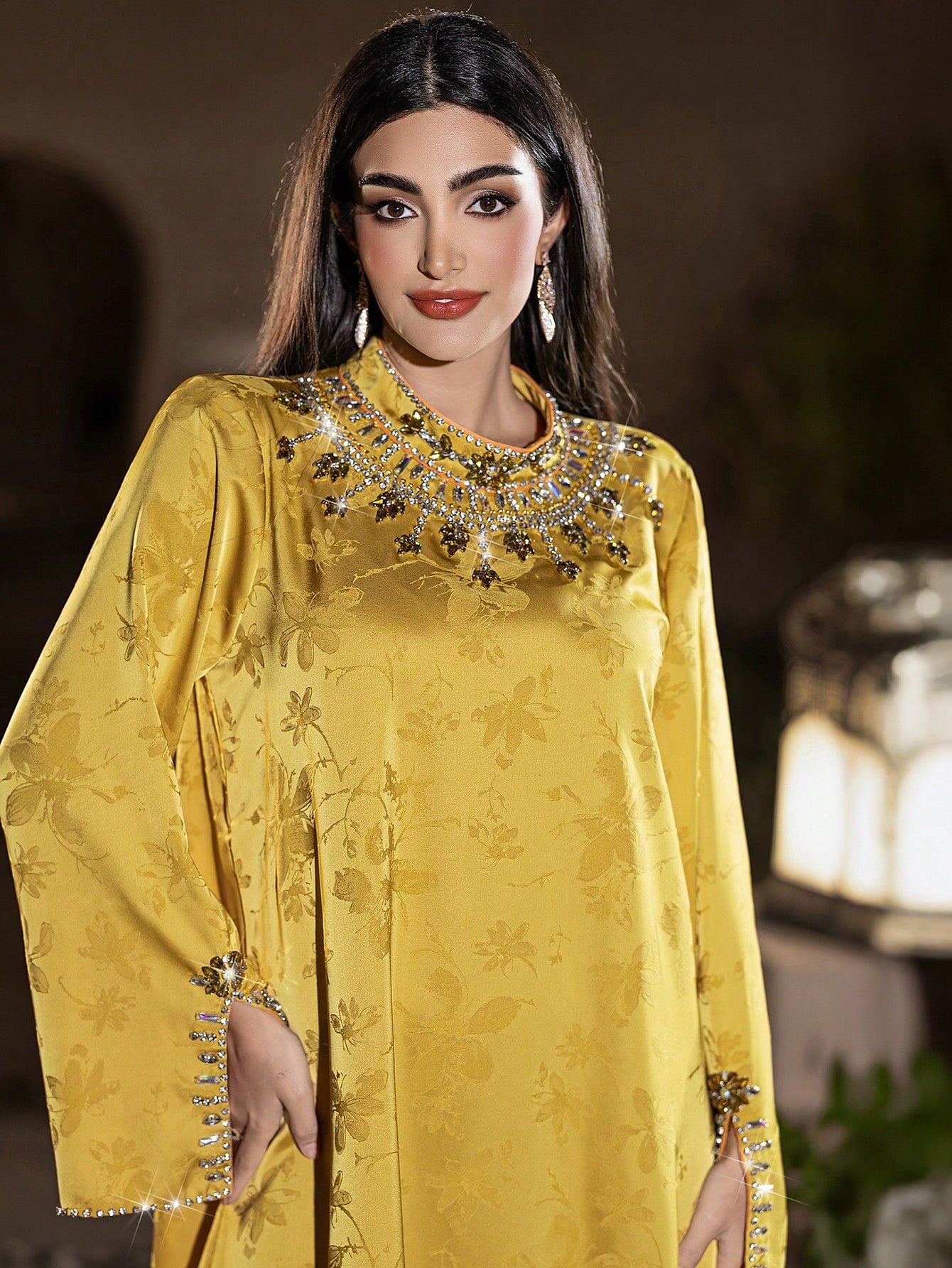 Layrah Women's Yellow Long Tunic Dress Flared Hem Stand Collar Long Sleeve Embroidered Details Formal Elegant Party Uxury Evening Dresses Wedding Party Dress