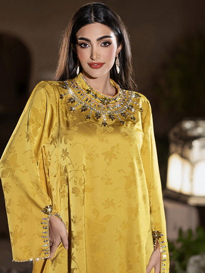 Layrah Women's Yellow Long Tunic Dress Flared Hem Stand Collar Long Sleeve Embroidered Details Formal Elegant Party Uxury Evening Dresses Wedding Party Dress