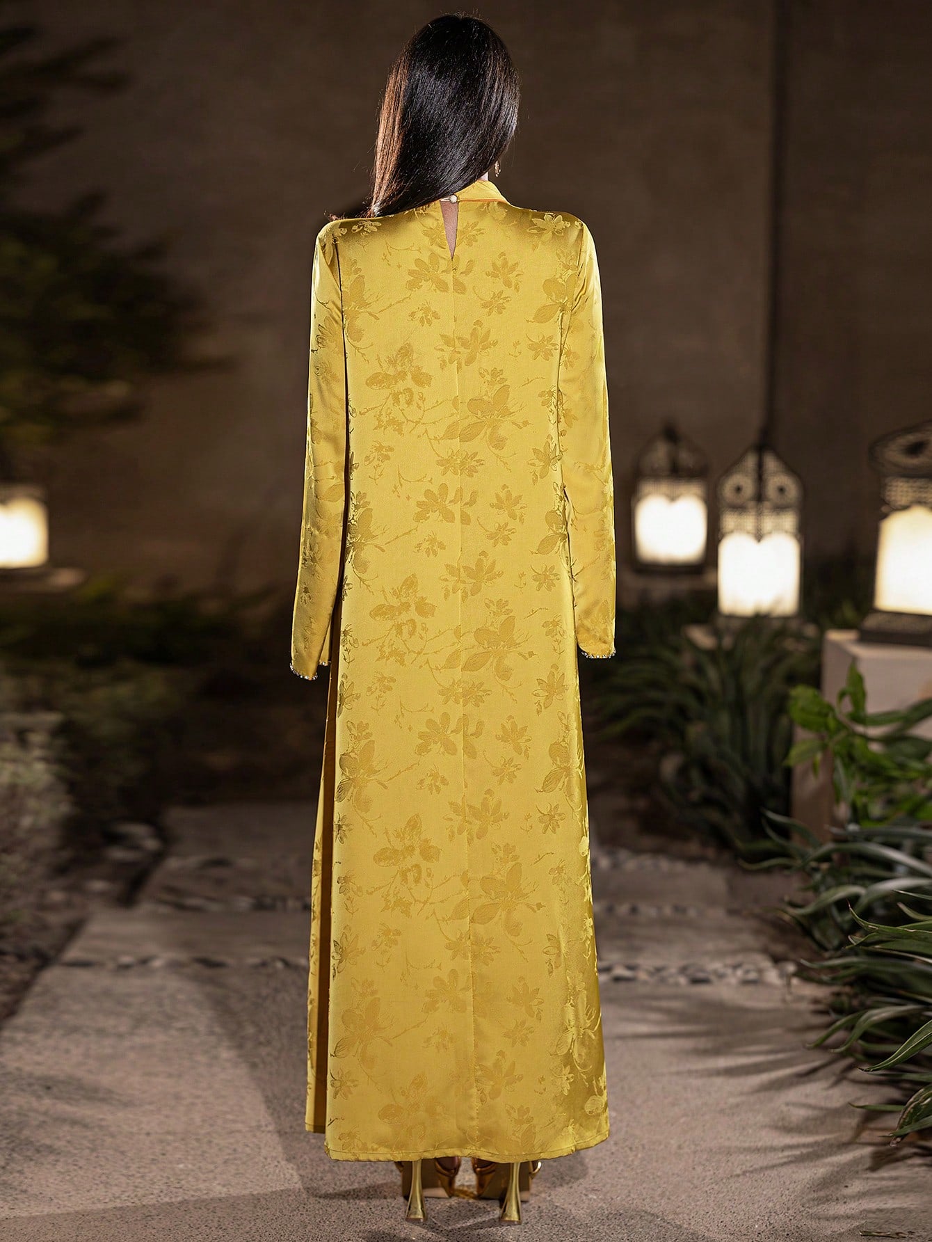 Layrah Women's Yellow Long Tunic Dress Flared Hem Stand Collar Long Sleeve Embroidered Details Formal Elegant Party Uxury Evening Dresses Wedding Party Dress
