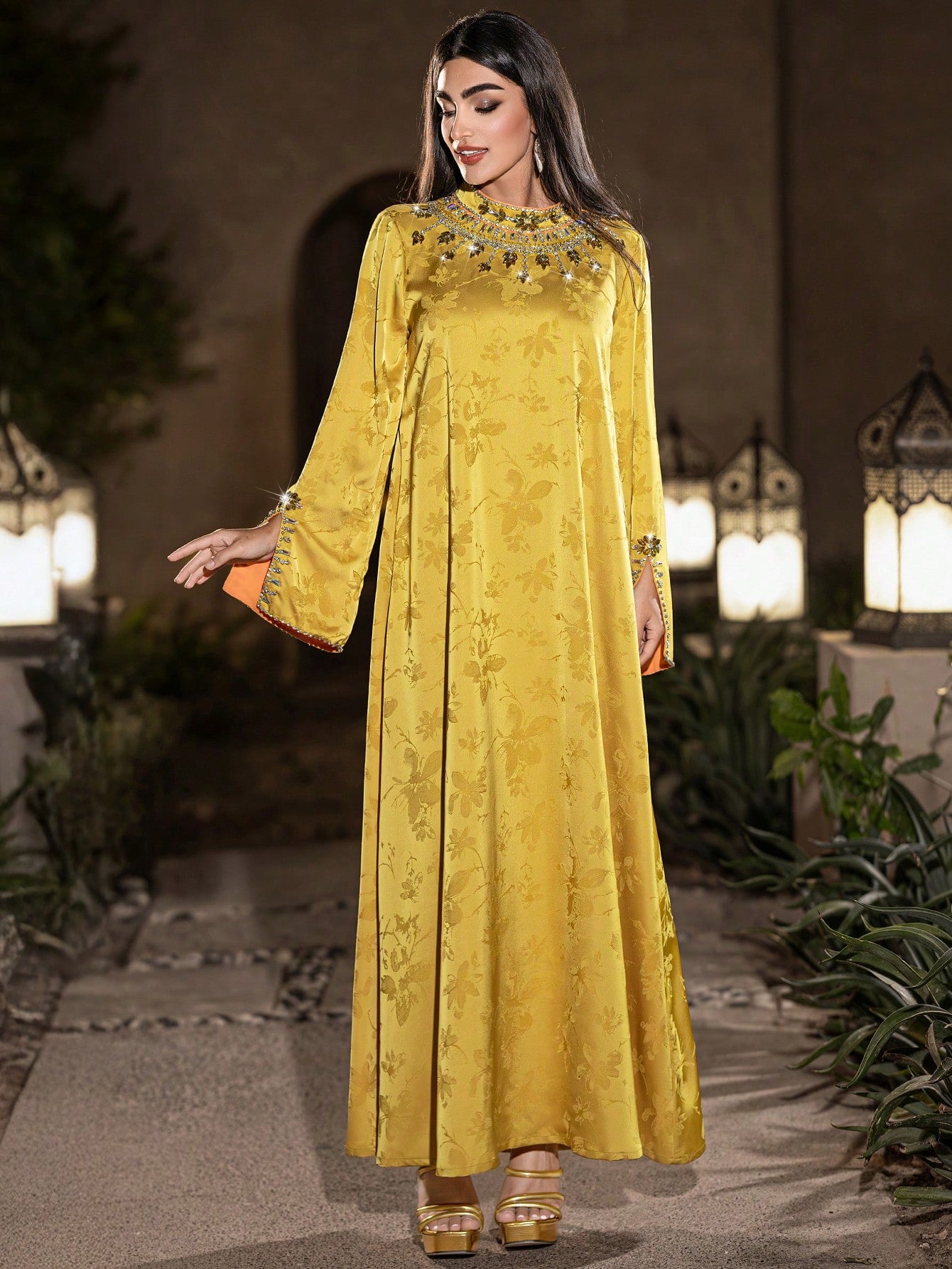 Layrah Women's Yellow Long Tunic Dress Flared Hem Stand Collar Long Sleeve Embroidered Details Formal Elegant Party Uxury Evening Dresses Wedding Party Dress