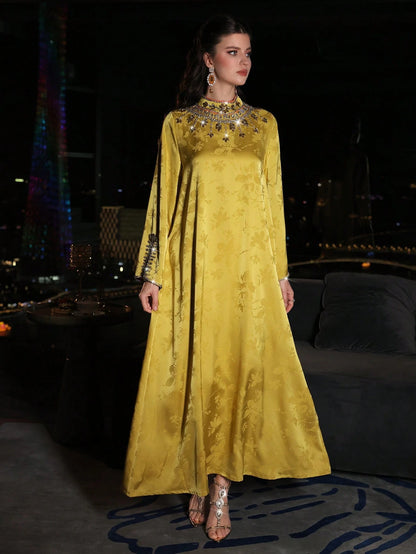 Layrah Women's Yellow Long Tunic Dress Flared Hem Stand Collar Long Sleeve Embroidered Details Formal Elegant Party Uxury Evening Dresses Wedding Party Dress