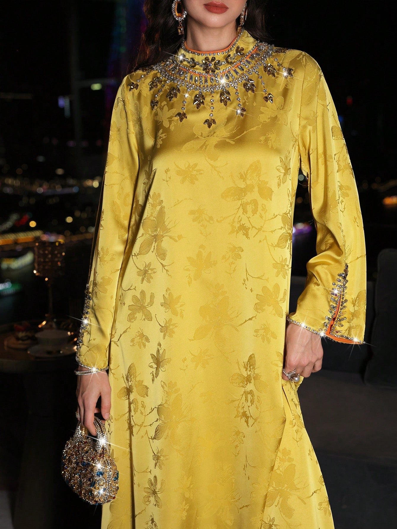 Layrah Women's Yellow Long Tunic Dress Flared Hem Stand Collar Long Sleeve Embroidered Details Formal Elegant Party Uxury Evening Dresses Wedding Party Dress