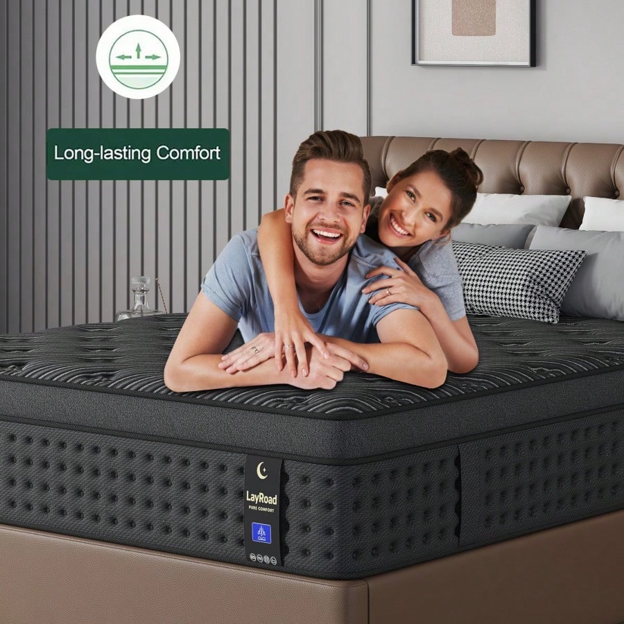 LayRoad 12-Inch Black Queen Mattress, Built-In Memory Foam And Individually Pocketed Springs, Available In Twin, Full, Queen And King Mattress Sizes, With Side Handles For Easy Movement, Fiberglass-Fr