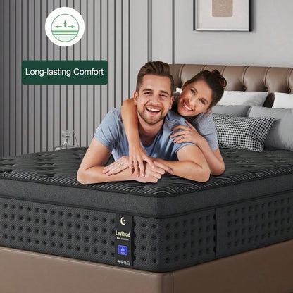 LayRoad 12-Inch Black Queen Mattress, Built-In Memory Foam And Individually Pocketed Springs, Available In Twin, Full, Queen And King Mattress Sizes, With Side Handles For Easy Movement, Fiberglass-Fr