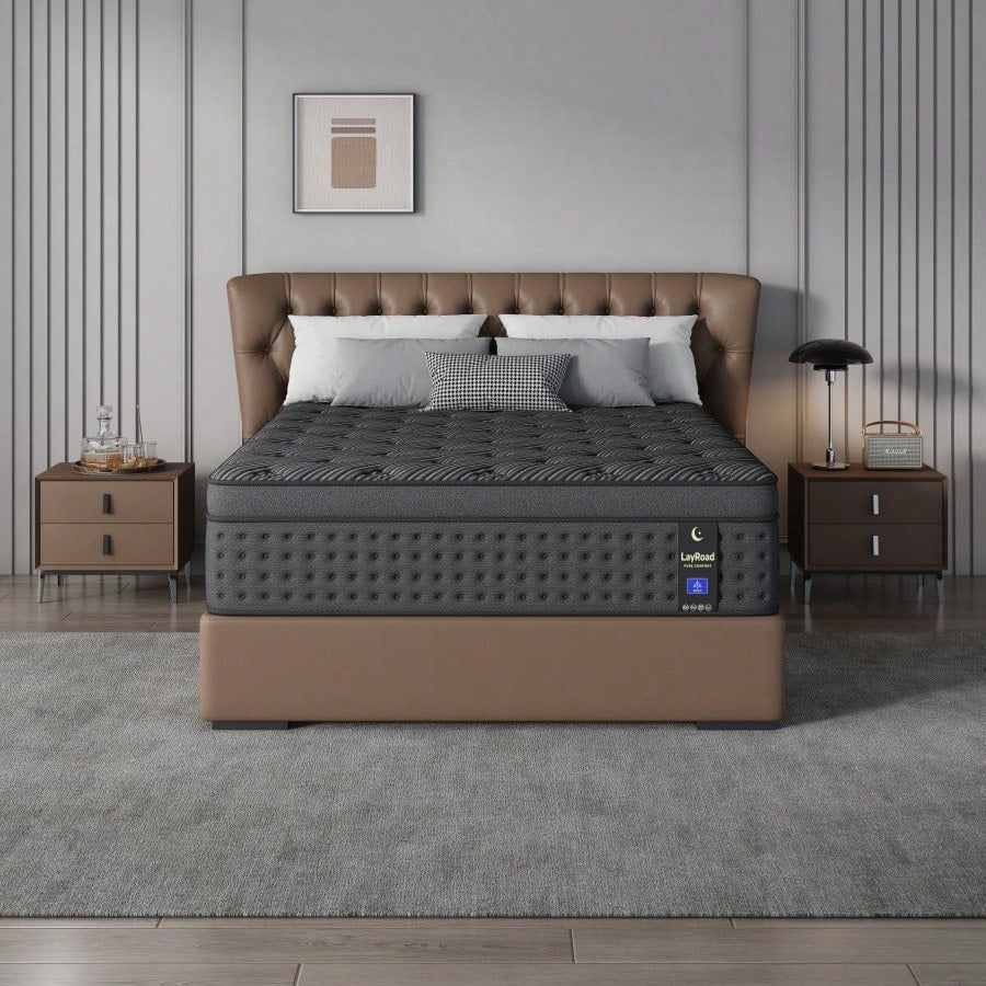 LayRoad 12-Inch Black Queen Mattress, Built-In Memory Foam And Individually Pocketed Springs, Available In Twin, Full, Queen And King Mattress Sizes, With Side Handles For Easy Movement, Fiberglass-Fr