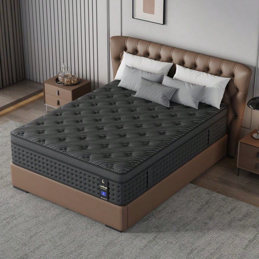 LayRoad 12-Inch Black Queen Mattress, Built-In Memory Foam And Individually Pocketed Springs, Available In Twin, Full, Queen And King Mattress Sizes, With Side Handles For Easy Movement, Fiberglass-Fr