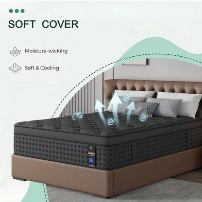 LayRoad 12-Inch Black Queen Mattress, Built-In Memory Foam And Individually Pocketed Springs, Available In Twin, Full, Queen And King Mattress Sizes, With Side Handles For Easy Movement, Fiberglass-Fr