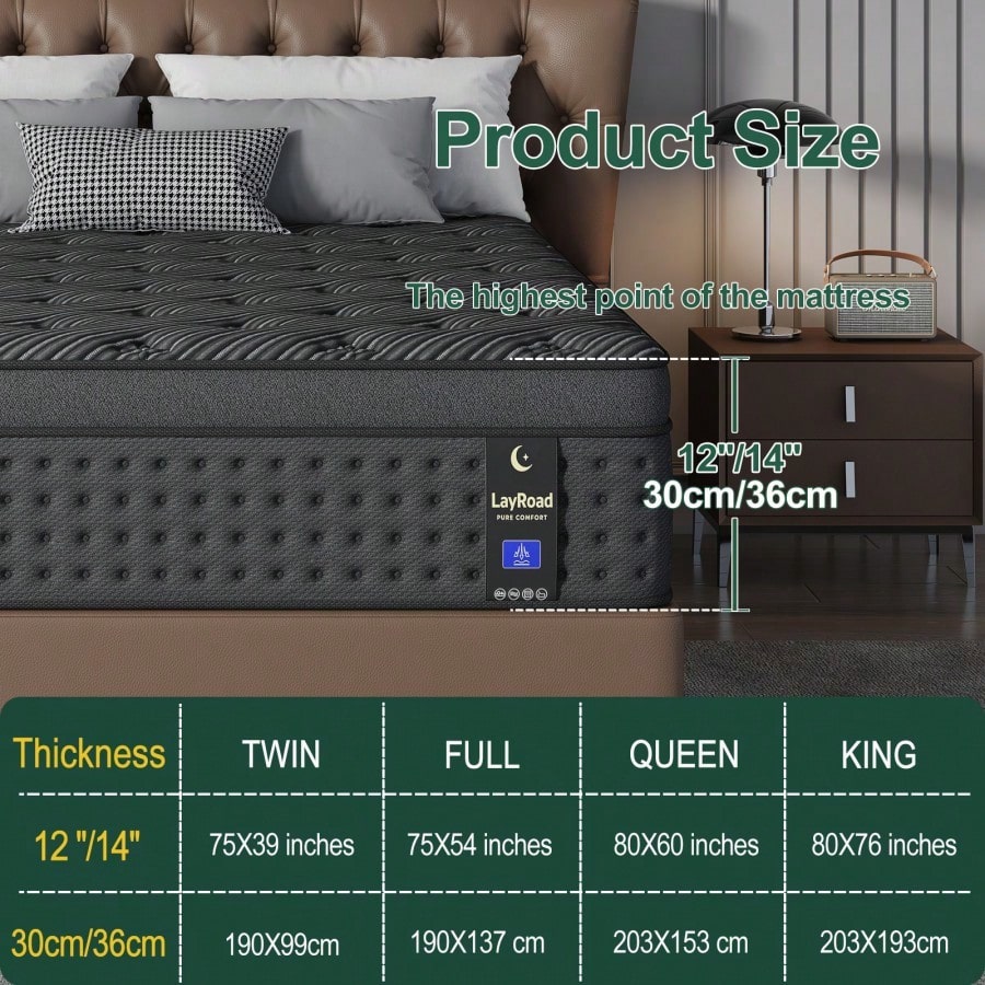 LayRoad 12-Inch Black Queen Mattress, Built-In Memory Foam And Individually Pocketed Springs, Available In Twin, Full, Queen And King Mattress Sizes, With Side Handles For Easy Movement, Fiberglass-Fr