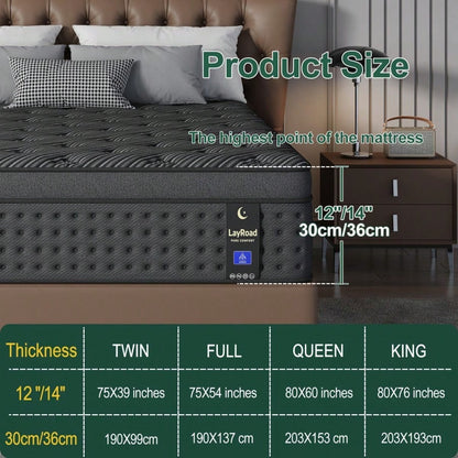 LayRoad 12-Inch Black Queen Mattress, Built-In Memory Foam And Individually Pocketed Springs, Available In Twin, Full, Queen And King Mattress Sizes, With Side Handles For Easy Movement, Fiberglass-Fr