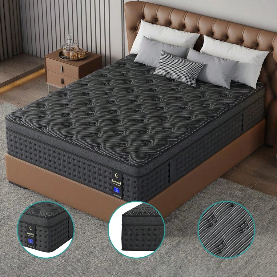 LayRoad 12-Inch Black Queen Mattress, Built-In Memory Foam And Individually Pocketed Springs, Available In Twin, Full, Queen And King Mattress Sizes, With Side Handles For Easy Movement, Fiberglass-Fr