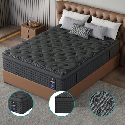 LayRoad 12-Inch Black Queen Mattress, Built-In Memory Foam And Individually Pocketed Springs, Available In Twin, Full, Queen And King Mattress Sizes, With Side Handles For Easy Movement, Fiberglass-Fr