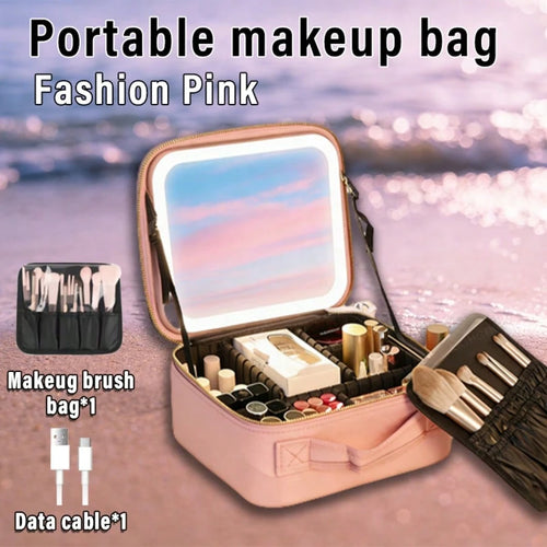 LED Light, Large Mirror, Makeup Bag, Makeup Artist's Makeup Brush Storage Bag, Portable Makeup Case