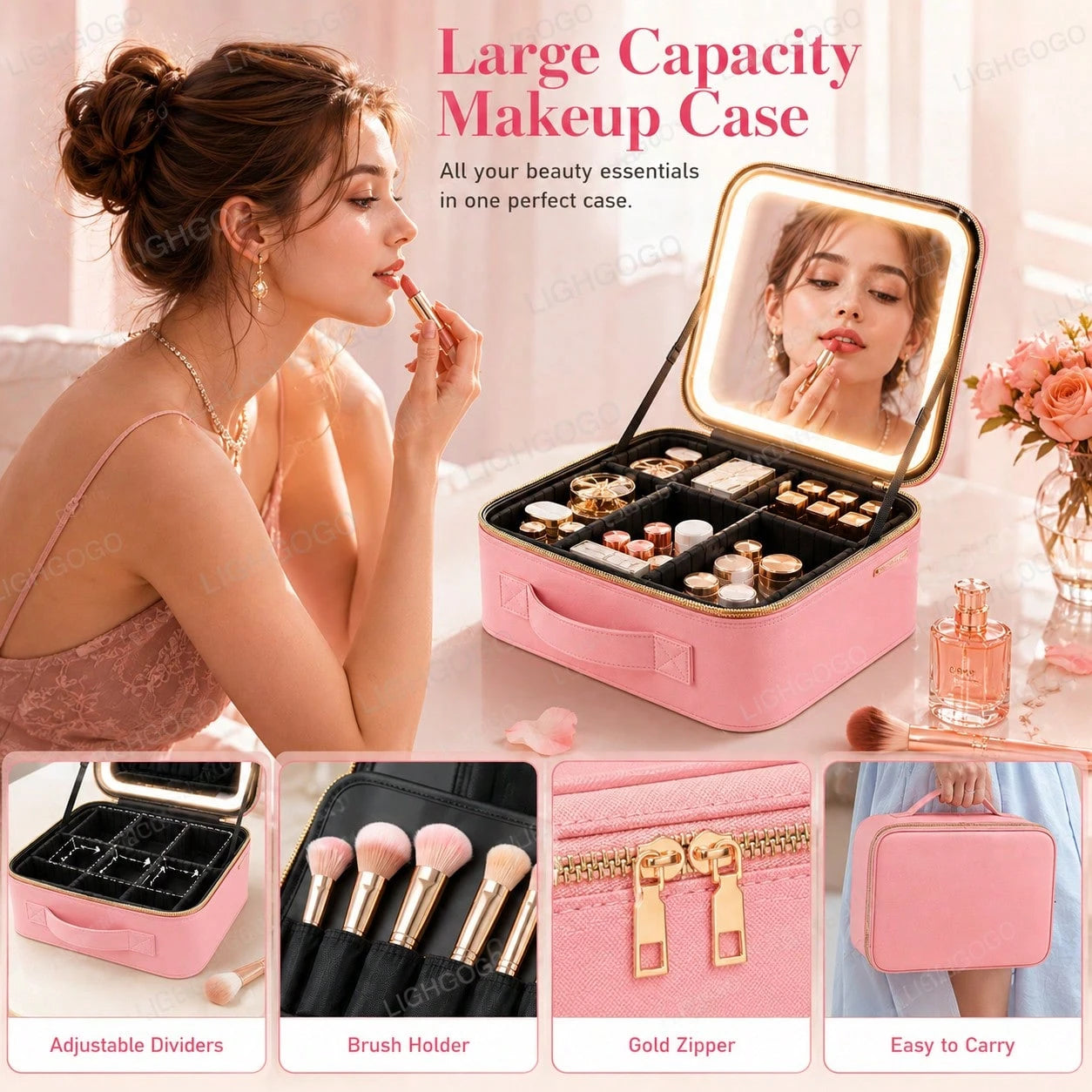 LED Light, Large Mirror, Makeup Bag, Makeup Artist's Makeup Brush Storage Bag, Portable Makeup Case