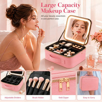 LED Light, Large Mirror, Makeup Bag, Makeup Artist's Makeup Brush Storage Bag, Portable Makeup Case