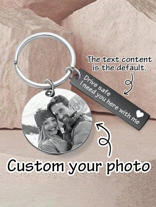 LICVIC Custom Photo Stainless Steel Keychain, Personalized Engraved Keychain, Customized Couple Keyring, Customizable Backpack Charm, Birthday, Anniversary, Perfect Gift