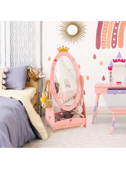 Lifezeal Kids Full Length Mirror Free-Standing 360° Dressing Wooden Princess Storage Pink