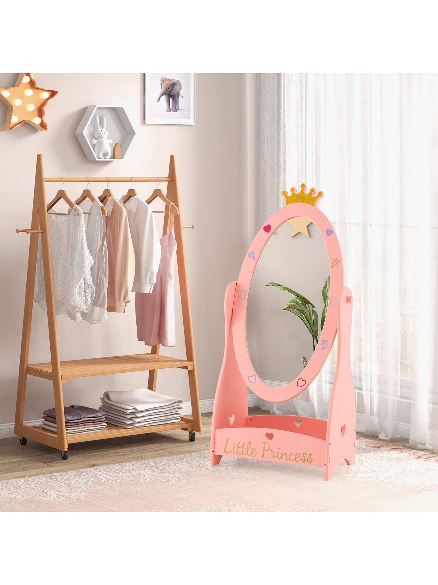Lifezeal Kids Full Length Mirror Free-Standing 360° Dressing Wooden Princess Storage Pink