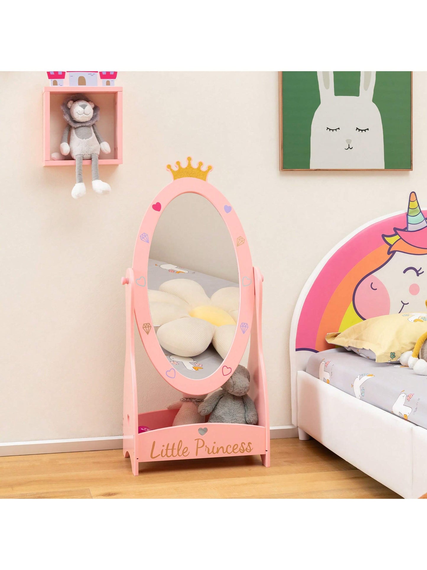 Lifezeal Kids Full Length Mirror Free-Standing 360° Dressing Wooden Princess Storage Pink