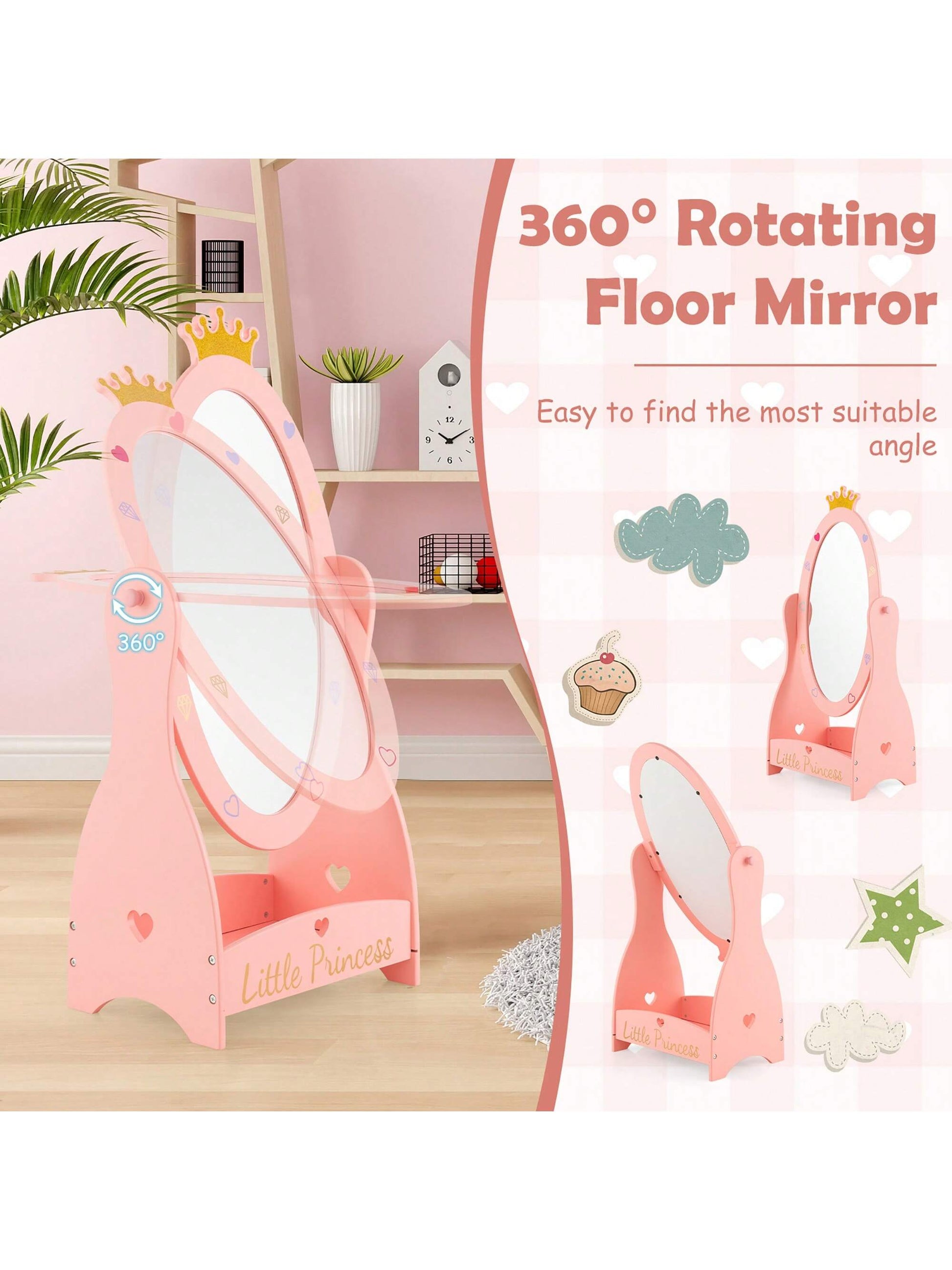 Lifezeal Kids Full Length Mirror Free-Standing 360° Dressing Wooden Princess Storage Pink