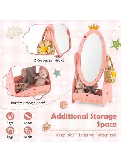 Lifezeal Kids Full Length Mirror Free-Standing 360° Dressing Wooden Princess Storage Pink